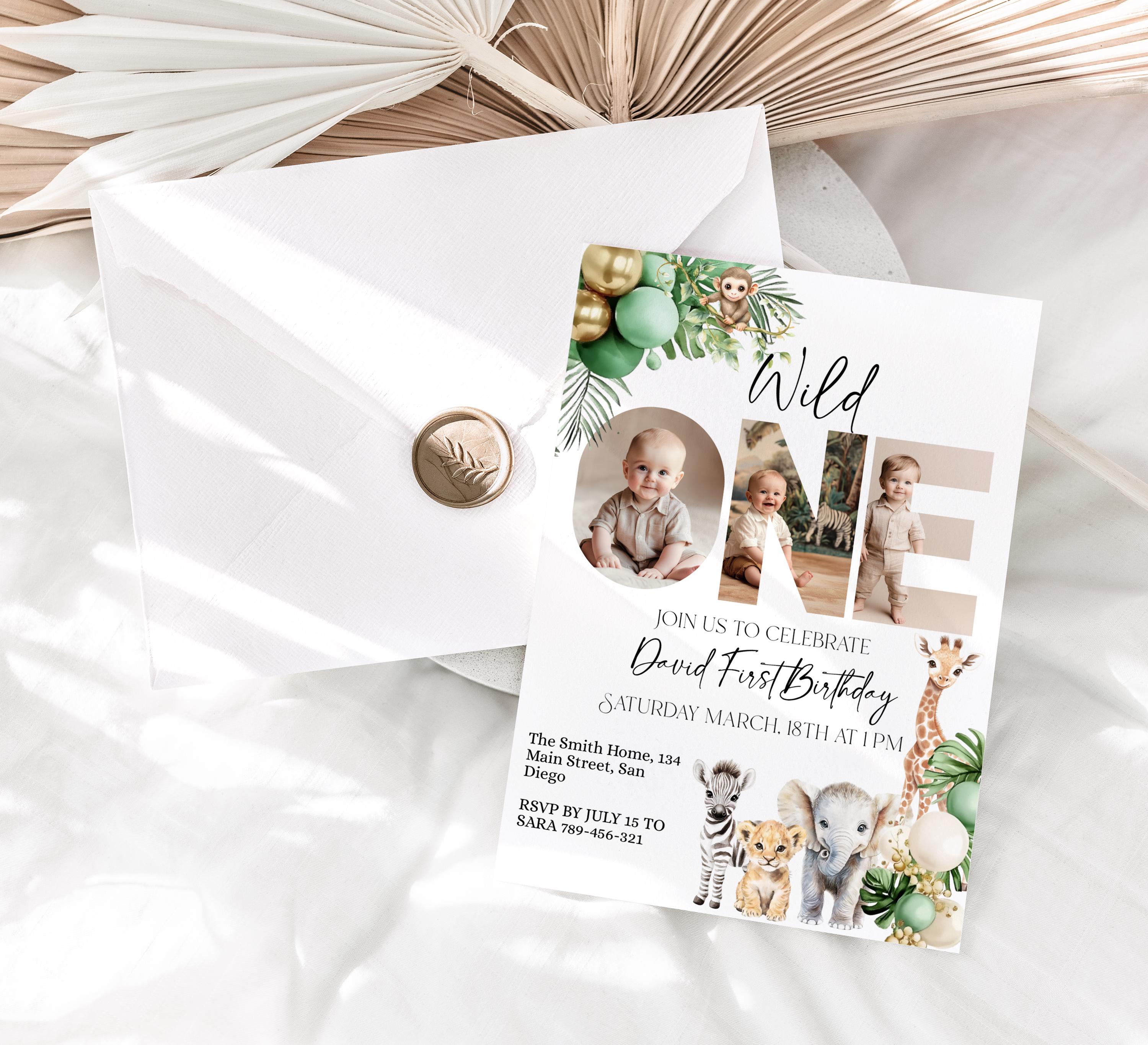 Wild One Photo 1st Birthday Invitation, Safari Animal Boy Birthday Printable Invite, Boho Safari Balloon Digital Template, Lion Elephant Zoo