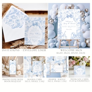 Blue Toile Safari Baby Shower Bundle, Vintage French All Blue Floral Bow Invitation Templates, Safari Animal Theme, Printable Games Bundle image 3