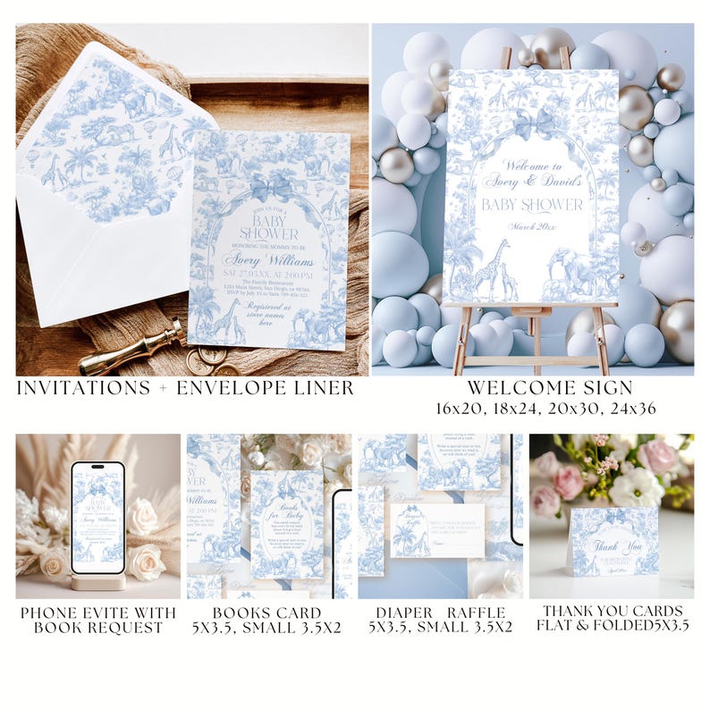 Blue Toile Safari Baby Shower Bundle, Vintage French All Blue Floral Bow Invitation Templates, Safari Animal Theme, Printable Games Bundle image 3