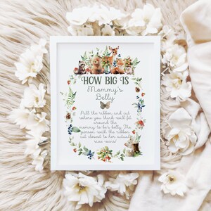 Hoe groot moeders buik spel teken, bos baby shower, bewerkbare sjabloon moeders buik spel teken & kaart, avontuur neutraal bos baby shower