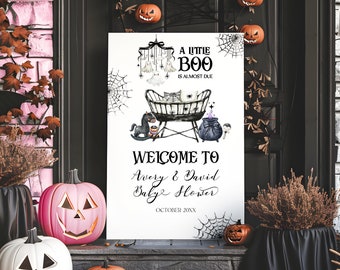 Little Boo Baby Shower Willkommensschild, Halloween-Babyparty-Dekor Digitale Vorlage, Gothic Kinderzimmer Gruselige Baby Shower Sign Printable