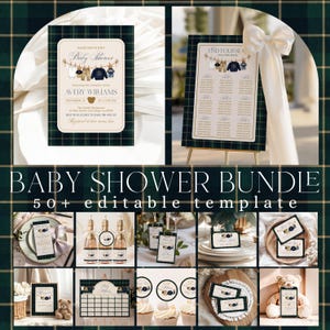 Könnte beinhalten: Ein Babyparty-Bundle mit grünem Karomuster. Das Bild enthält Einladungen, Sitzpläne und andere Vorlagen. Die Einladungen zeigen Babykleidung und eine Teddybär-Grafik. Der Text lautet "Baby Shower" und "Avery Williams".