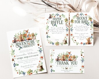 Paquete de invitaciones para baby shower con temática de bosque: ¡La aventura te espera! (Descarga digital)