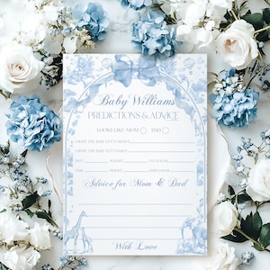 Carte de jeu de prédictions Safari Baby Shower toile bleue, carte devinette bébé noeud floral bleu vintage Français, jeu imprimable animaux Safari
