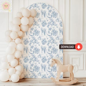 Toile De Jouy Blue Baby Shower Backdrop, Teddy Bear Toile Pattern Party Props, Chinoiserie Vintage Floral Bow Printable Digital Download