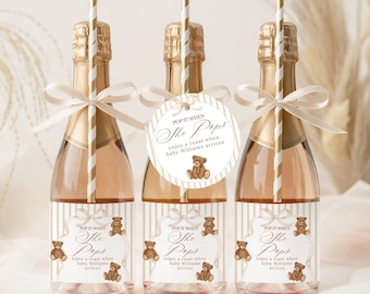 Neutral Teddy Bear Baby Shower Champagne Label, We Can Bearly Wait She Pops Tag