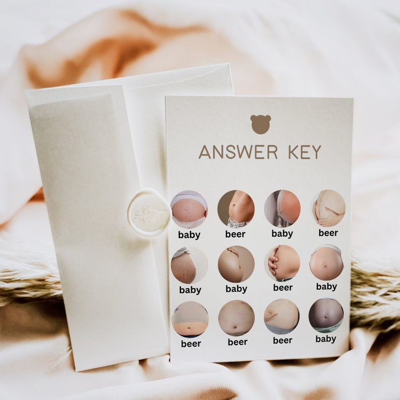 May include: Answer key for a baby shower game. The key shows 12 images of bellies, some with a baby bump and some with a beer belly. Each image is labeled "baby" or "beer".