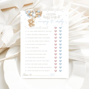 Guess Mommy or Daddy Baby Shower Games, Guess Who Mom or Dad Games Printable, Bear Boy Baby Shower Game, Bear Blue Balloon