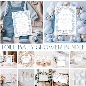 Dasty Blue Toile Baby Shower Bundle, Editable Chinoiserie Blue Floral Invitation Templates, Printable Boy Baby Shower Games Bundle
