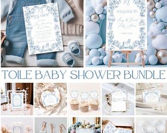 Dasty Blue Toile Baby Shower Bundle, bearbeitbare Chinoiserie Blue Floral Einladungsvorlagen, druckbare Boy Baby Shower Spiele Bundle