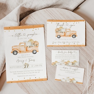 Kürbis-Truck-Babyparty-Einladungspaket, bearbeitbare Kürbis-Digitaleinladung, geschlechtsneutrale Herbst-Babyparty-Dankeskarte, Windelverlosung