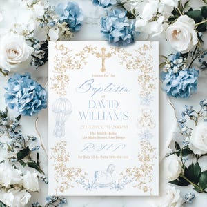 May include: A baptism invitation with a floral design in gold and blue. The invitation includes the text "Join us for the Baptism of David Williams" and other details. The invitation is surrounded by white and blue flowers.