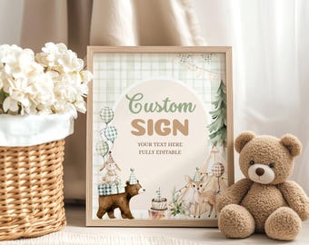 Editable Custom Sign, One Happy Camper First Birthday Woodland Animal Boy (Download Printable)
