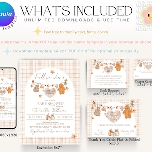 May include: A baby shower invitation template with a fall theme. The design includes a mobile evite, invitation, book request, diaper cards, and thank you cards. The template features teddy bears, pumpkins, and the text "Fall in Love".