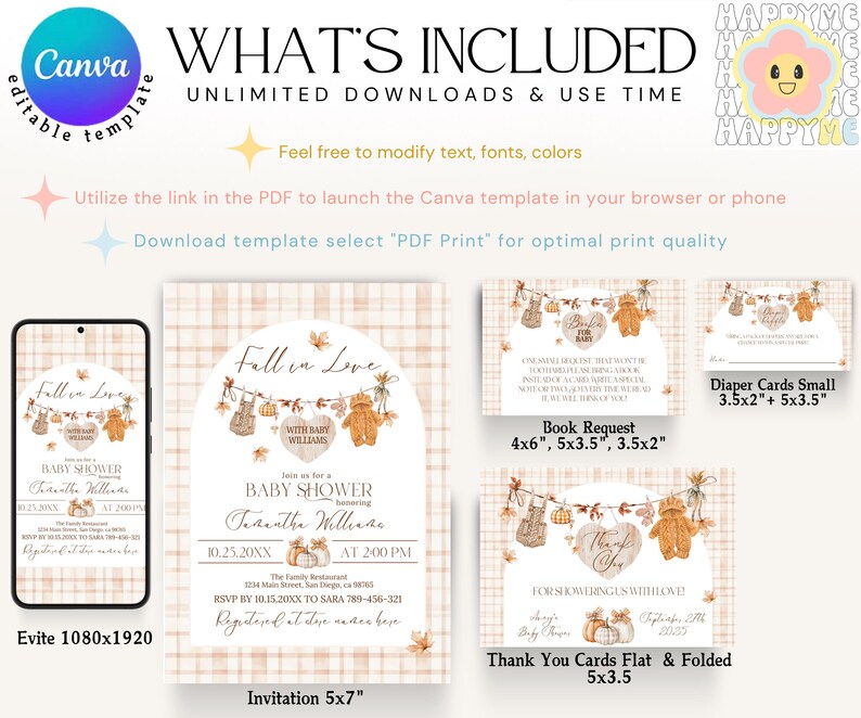 May include: A baby shower invitation template with a fall theme. The design includes a mobile evite, invitation, book request, diaper cards, and thank you cards. The template features teddy bears, pumpkins, and the text "Fall in Love".