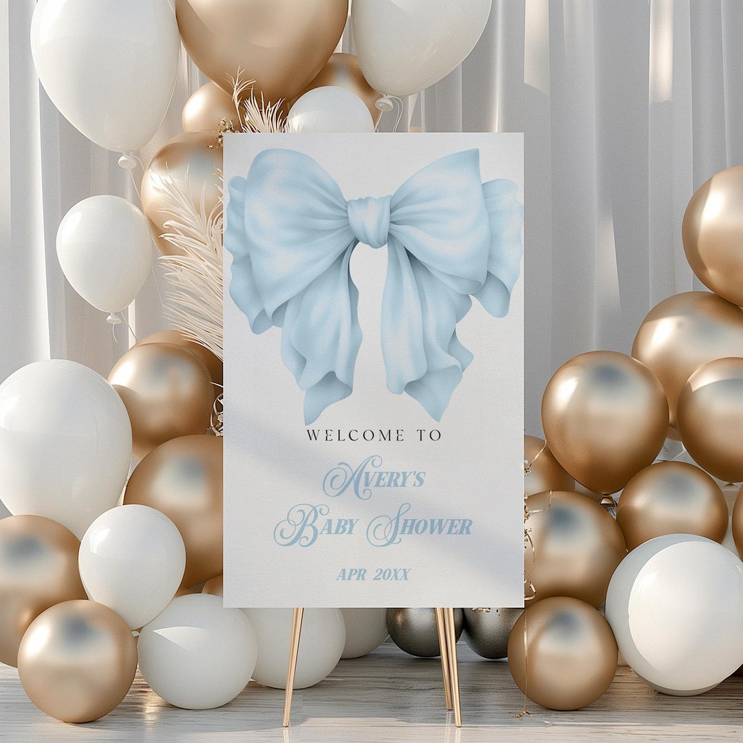 Blue Bow Baby Shower Welcome Sign, Digital Baby Boy Shower Sign ...