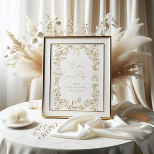Wünsche für Baby Zeichen Toile Babyparty, bearbeitbare Vintage Bär Babyparty Beratung Spielkarte, Geschlecht Neutral Gold Toile Floral druckbares Spiel