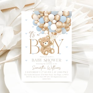 Invito modificabile per baby shower It's a Boy, invito digitale per baby shower a tema orso, orso con palloncino blu, inviti con download immediato