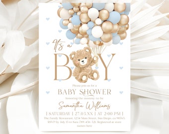 Bewerkbare babyshower uitnodiging, teddybeer blauwe ballon sjabloon afdrukbare digitale download