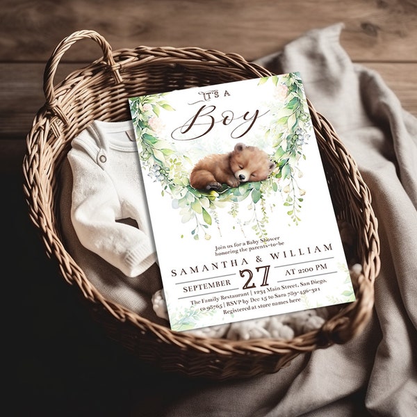 Editable Woodland Baby Shower Invitation, Cute Bear Forest Greenery Baby Shower Digital Invite, It's a Boy, Instant Download, Woodland theme