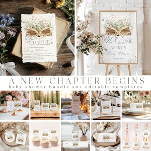New Chapter Begins Baby Shower Bundle, Storybook Baby Shower, Wildflower Vintage Book Themed Digital Editable Template New Chapter Bundle