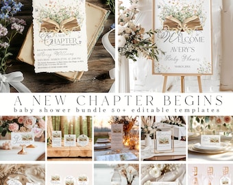 New Chapter Begins Baby Shower Bundle, Storybook Baby Shower, Wildflower Vintage Book Themed Digital Editable Template New Chapter Bundle