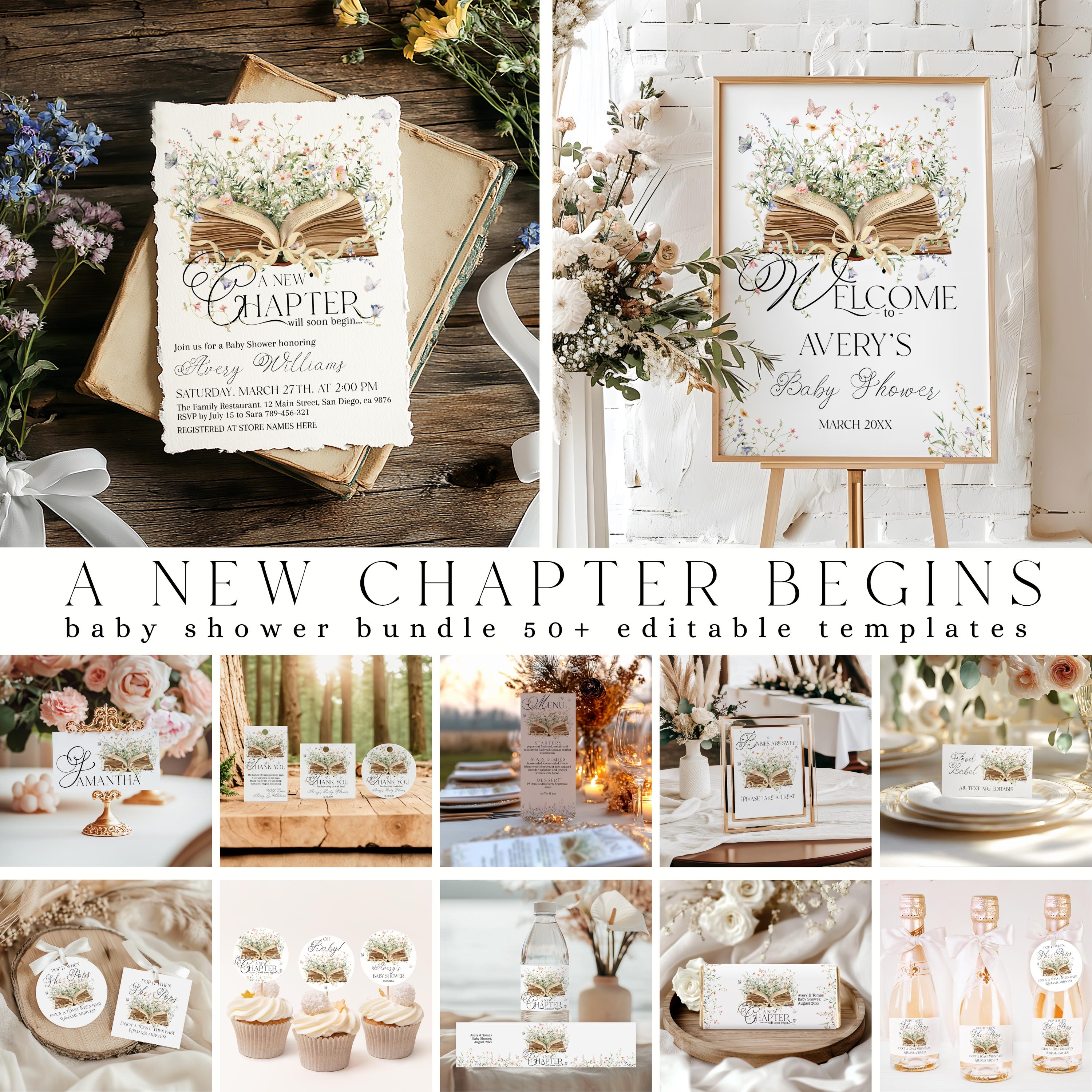 New Chapter Begins Baby Shower Bundle, Storybook Baby Shower, Wildflower Vintage Book Themed Digital Editable Template New Chapter Bundle