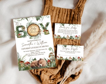Paquete de invitaciones digitales para baby shower con temática de osos del bosque
