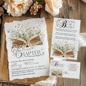 New Chapter Begins Baby Shower Invitation Bundle, Storybook Baby Shower, Wildflower Butterfly Digital Invite, Vintage Book Themed Download