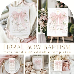 May include: A collection of baptism-themed stationery and signage. The designs feature a pink floral bow and cross motif. Includes invitations, welcome sign, and a sign with the word "Sign". The text reads "Baptism of our daughter Avery Williams".