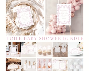 Rosa Toile Baby Shower Bundle, bearbeitbare Chinoiserie Pink Floral Einladungsvorlagen, druckbares Mädchen Baby Shower Spiele Bundle