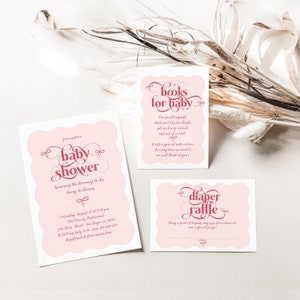 Faire-part de baby shower modifiable avec noeud rose, invitation de baby shower moderne avec noeud Minamal, tombola numérique de couches ondulées pour baby shower, carte de demande de livre