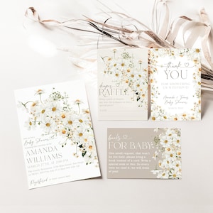 Lot d'invitations pour baby shower marguerite, modèle d'invitation bébé en fleurs fleurs sauvages, invitation florale neutre, carte de remerciement pour bébé, tombola de couches