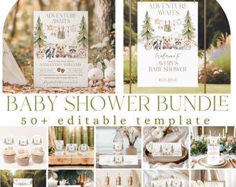 Editable Woodland Animal Baby Shower Bundle, Boy Adventure Game Package (Canva Templates Digital Download)