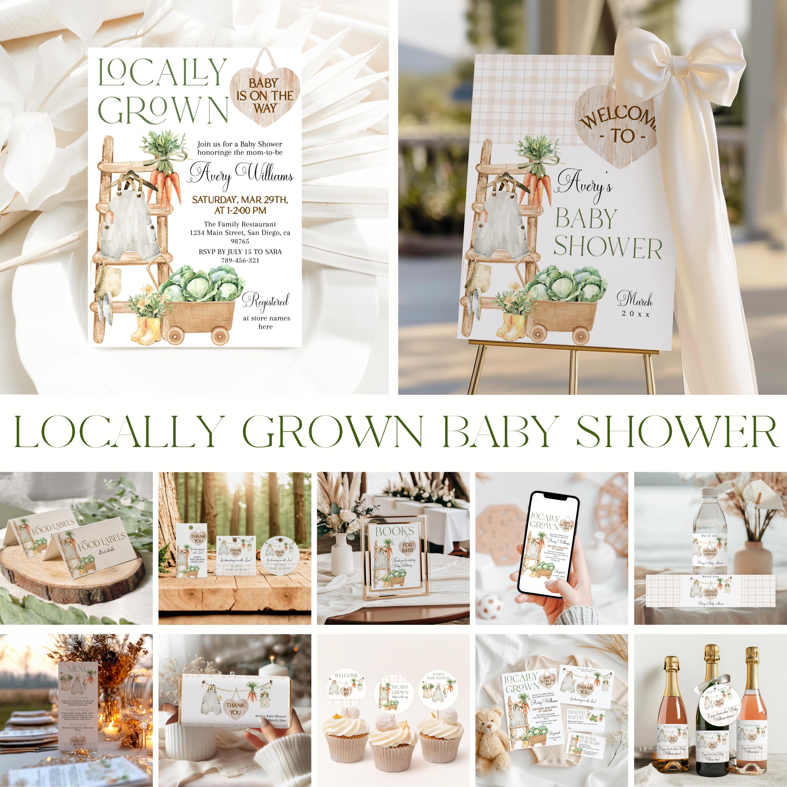 Locally Grown Rustic Baby Shower Bundle, Editable Templates Farm Market Baby Shower, Country Veggies Locally Grown Bundle, Baby Game Bundle