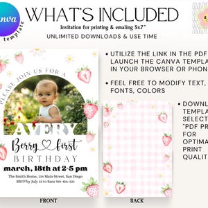 May include: A digital Canva template for a first birthday invitation. The design features a photo of a baby, strawberries, and daisies. The invitation includes the text "Avery Berry first Birthday" and event details. The back of the invitation has a pink gingham pattern.
