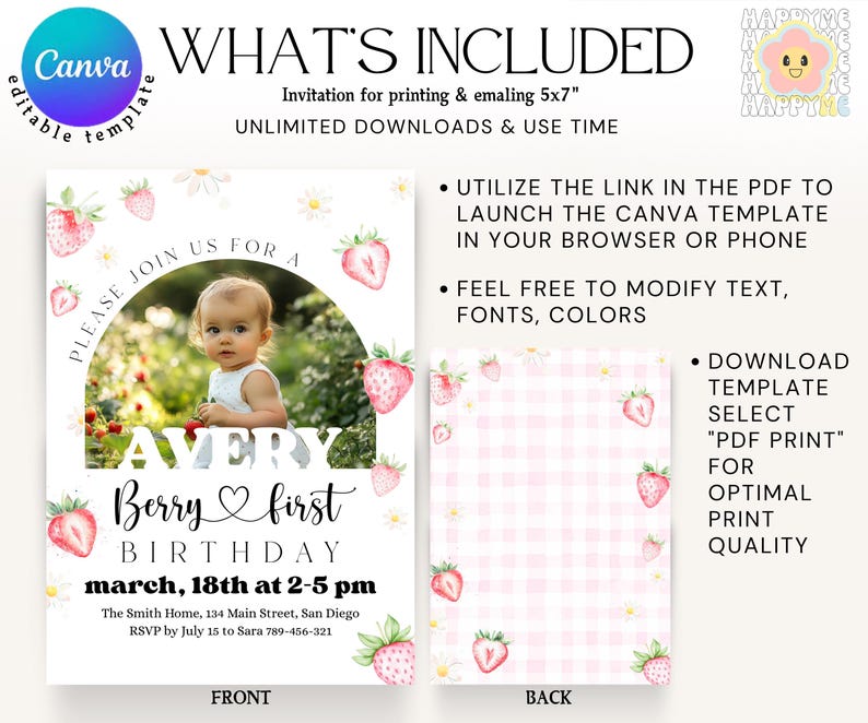 May include: A digital Canva template for a first birthday invitation. The design features a photo of a baby, strawberries, and daisies. The invitation includes the text "Avery Berry first Birthday" and event details. The back of the invitation has a pink gingham pattern.