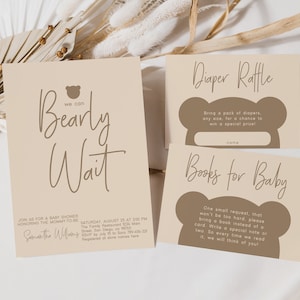 Modèle d'invitation attendre Bearly, tombola de couches et carte à téléchargement immédiat de livres pour bébé, invitations modifiables pour baby shower ours, sexe neutre