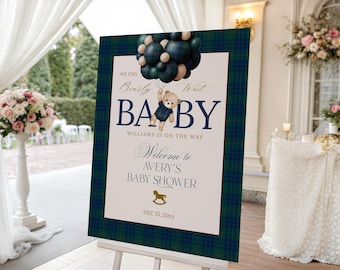 Letrero de bienvenida con globo de oso para baby shower de niño, decoración "Podemos esperar", plantilla de Canva