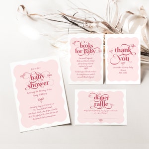 Bewerkbare roze strik baby shower uitnodiging bundel, moderne Minamal baby shower uitnodiging, digitale, golvende baby shower luier loterij, dank u kaart