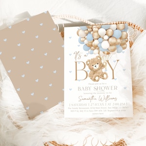 K&ouml;nnte beinhalten: Eine Babyparty-Einladung mit dem Text "It's a Boy" und einem Teddyb&auml;r, der blaue, wei&szlig;e und goldene Ballons h&auml;lt. Die Einladung enth&auml;lt den Text "It's a Boy", "Baby Shower" und "Samantha Williams".