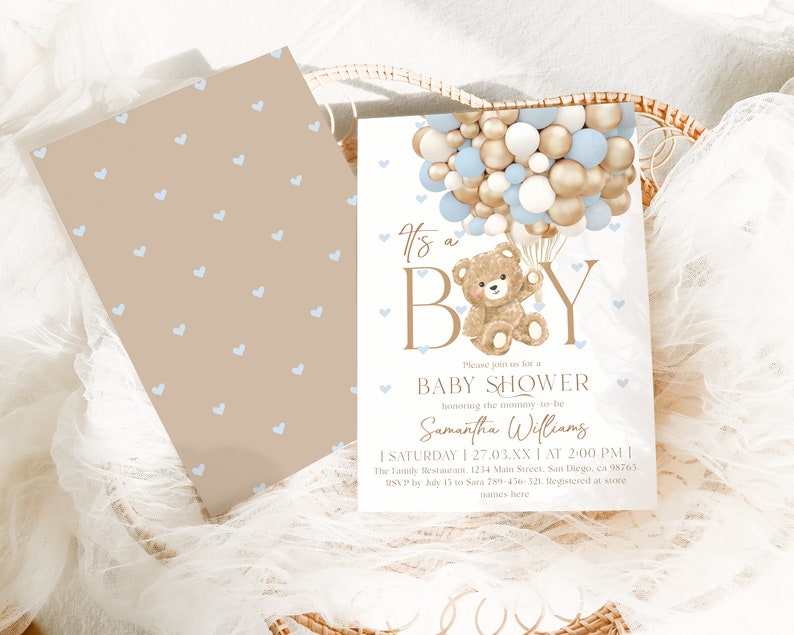 K&ouml;nnte beinhalten: Eine Babyparty-Einladung mit dem Text "It's a Boy" und einem Teddyb&auml;r, der blaue, wei&szlig;e und goldene Ballons h&auml;lt. Die Einladung enth&auml;lt den Text "It's a Boy", "Baby Shower" und "Samantha Williams".