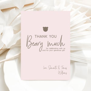 Bearbeitbar Danke Beary viel Karte, Dankeskarte Bär Thema für Baby Girl Shower, modernes minimalistisches Blush Pink, wir können kaum warten
