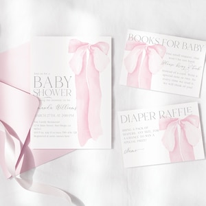 Bearbeitbares Rosa Schleifen-Babyparty-Einladungspaket, Blush Pink Girl Digitale Einladung, minimale Babyparty-Windelverlosung & Buchanfragekarte