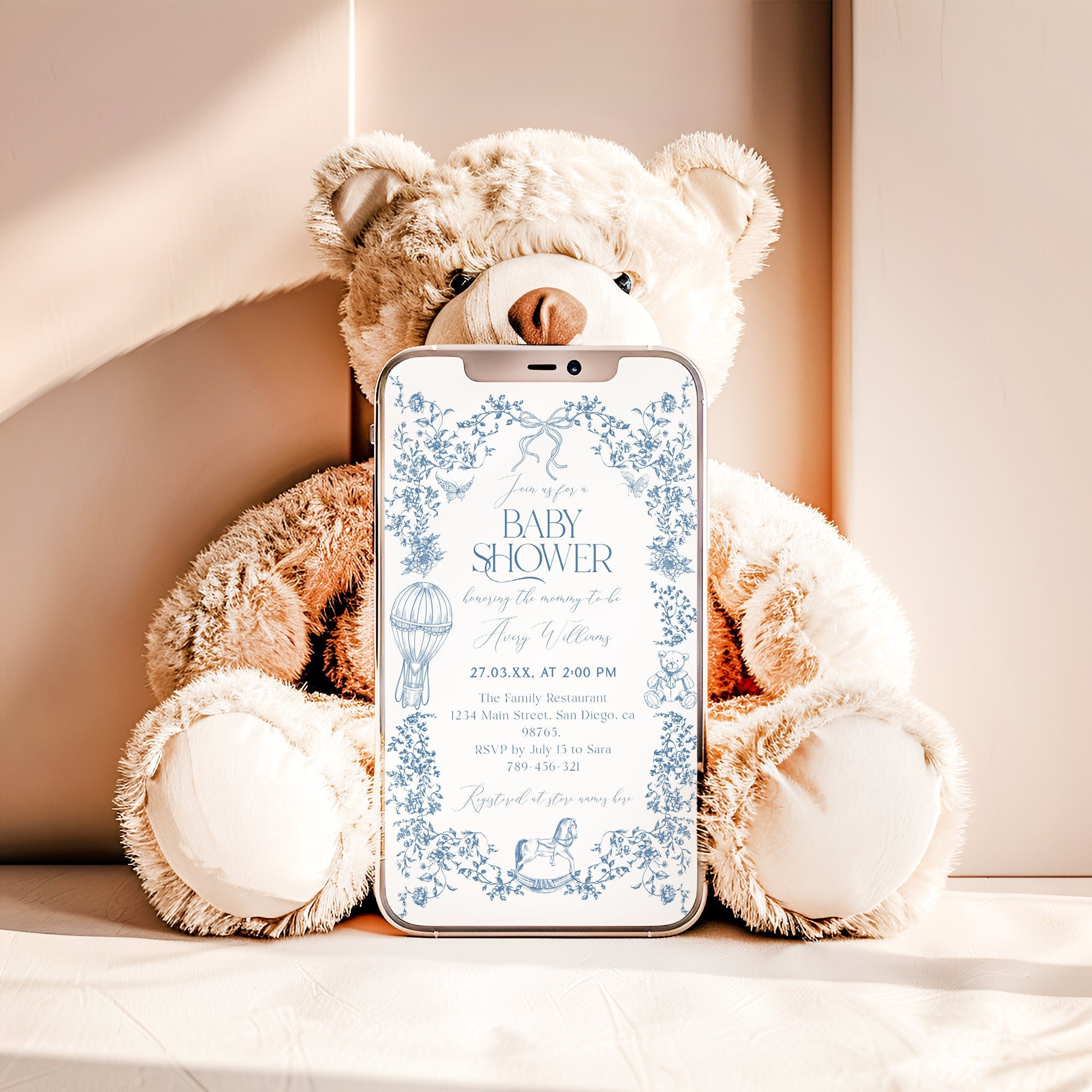 Dusty Blue French Toile Baby Shower Phone Evite, Chinoiserie Floral Baby Shower Editable Digital Invitation, Elegant Baby Phone Invitation
