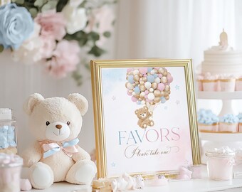 Favors Bear Gender Reveal Party Table Sign, Teddy Bear Pink Blue Balloon Baby Shower Sign, Bearly Wait Gender Reveal Decor Printable