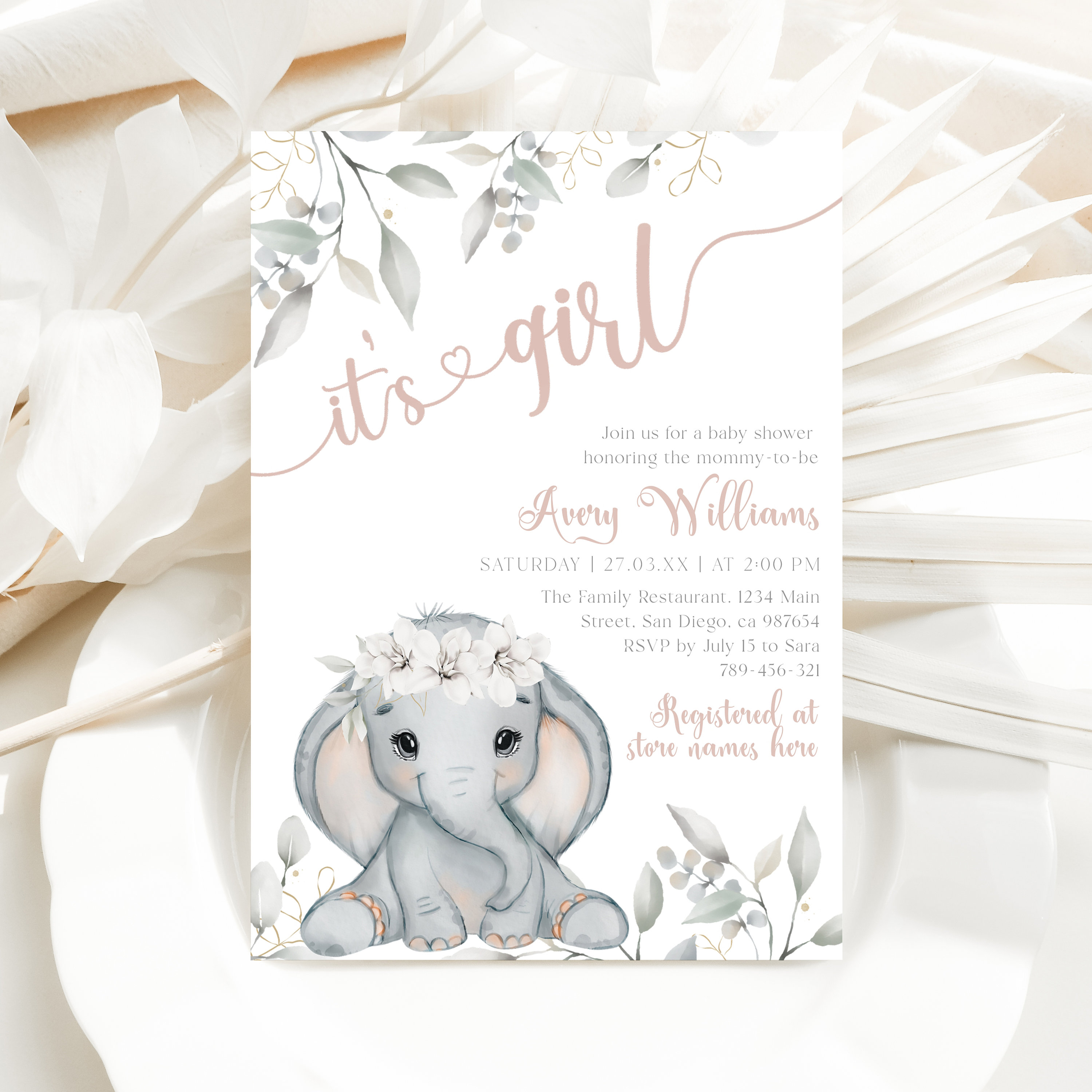 Editable Elephant Baby Girl Shower Invitation, Its a Girl Digital Invite,  Elephant Floral Baby Shower Invitation Template, Safari Theme Girl - Etsy, image size:3000x3000