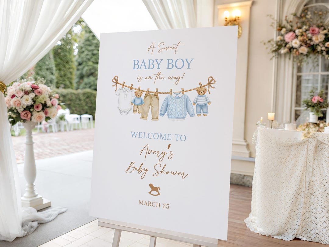 Editable Baby Boy Shower Welcome Sign Template, Blue Clothesline Ttheme ...