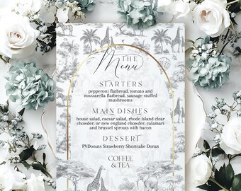 Menu de baby shower toile Safari, modèle numérique animal safari neutre entre les sexes, élégant toile or arc Boho Baby Shower Menu carte à télécharger