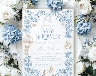 Op de afbeelding: Een blauwe en witte babyborrel uitnodiging met een bloemige rand. De uitnodiging luidt "Join us for a Baby Shower honoring the mommy-to-be Avry Williams. Zaterdag, 27.03.XX. om 14:00 uur. The Family Restaurant, 1234 Main Street, San Diego, ca 98765. RSVP vóór 15 juli aan Sara 789-456-321. Geregistreerd bij [winkelnaam] hier."